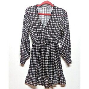Houndstooth print Dress MADE IN ITALY SHORT MINI Black white balloon long sleeve